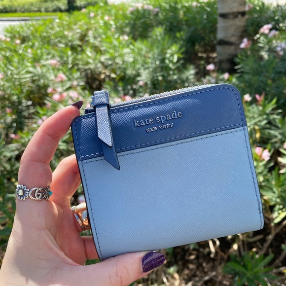 Kate Spade Light Blue & Navy Two Toned Safiano Leather Compact Wallet - Picture 8 of 14